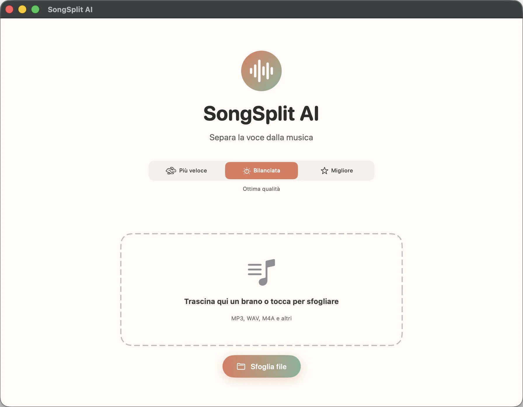 Screenshot dell'app SongSplit AI