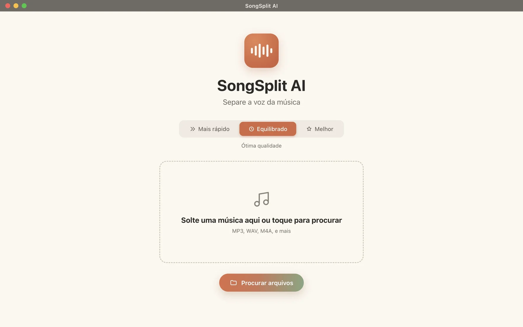 Interface do aplicativo SongSplit AI mostrando a separação de áudio